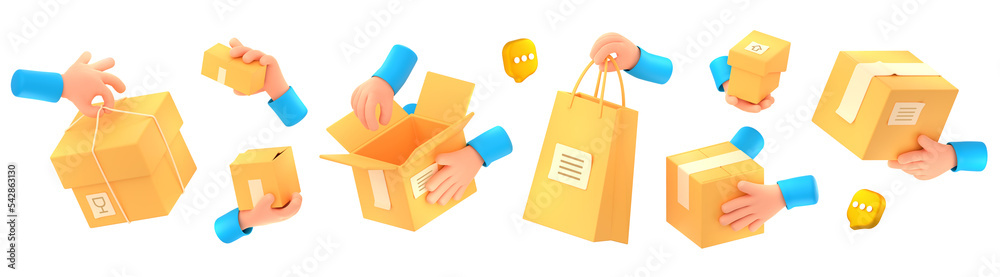 Delivery service icons with courier hands carry and giving cardboard boxes, shopping bags, post and orders. Concept of warehouse, shipment and delivery packs, 3d render illustration - obrazy, fototapety, plakaty 