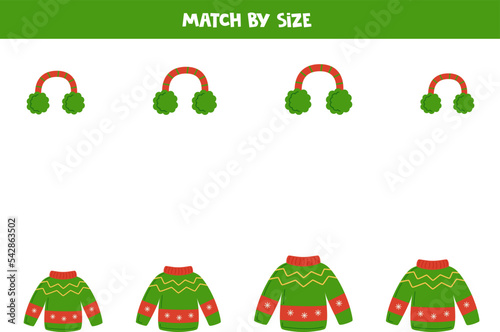 Matching game for preschool kids. Match winter sweaters and headphones by size.