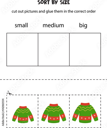 Sort Christmas sweater by size. Educational worksheet for kids.