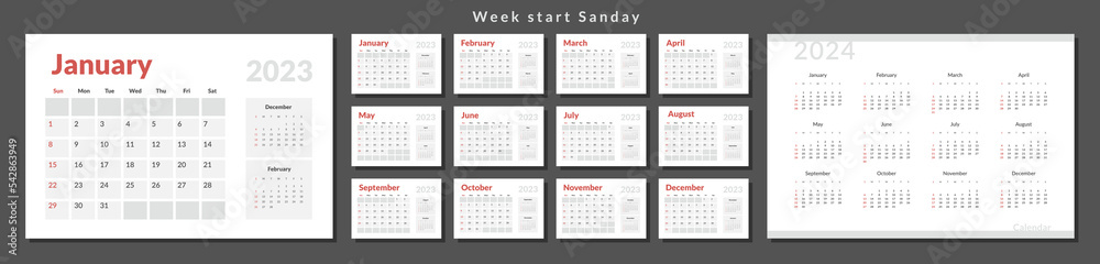 Set of 2023-2024 Calendar Planner Template in minimal business style. Vector layout of a wall or desk simple calendar with week start sunday. Calendar grid in grey color for print Set of 2023-2024 Calendar Planner Template in minimal business style. Vector layout of a wall or desk simple calendar with week start sunday. Calendar grid in grey color for print