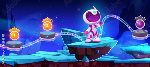 Game level map with alien planet landscape with platforms with spaceman and numbers of stages. Cosmic landscape with ice or blue crystals and boy astronaut, vector cartoon game background