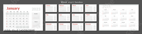 Set of 2023-2024 Calendar Planner Template in minimal business style. Vector layout of a wall or desk simple calendar with week start sunday. Calendar grid in grey color for print
