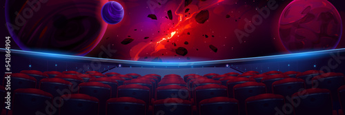 Movie theater hall with three-sided panoramic screen and audience seats. Cinema auditorium or planetarium with 3d video of galaxy, planets and stars in outer space, vector cartoon illustration photo