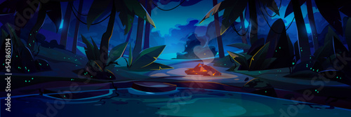 Campsite with bonfire in jungle at night. Dark rainforest landscape with lake or river, trees, path and smoldering campfire on shore, vector cartoon illustration