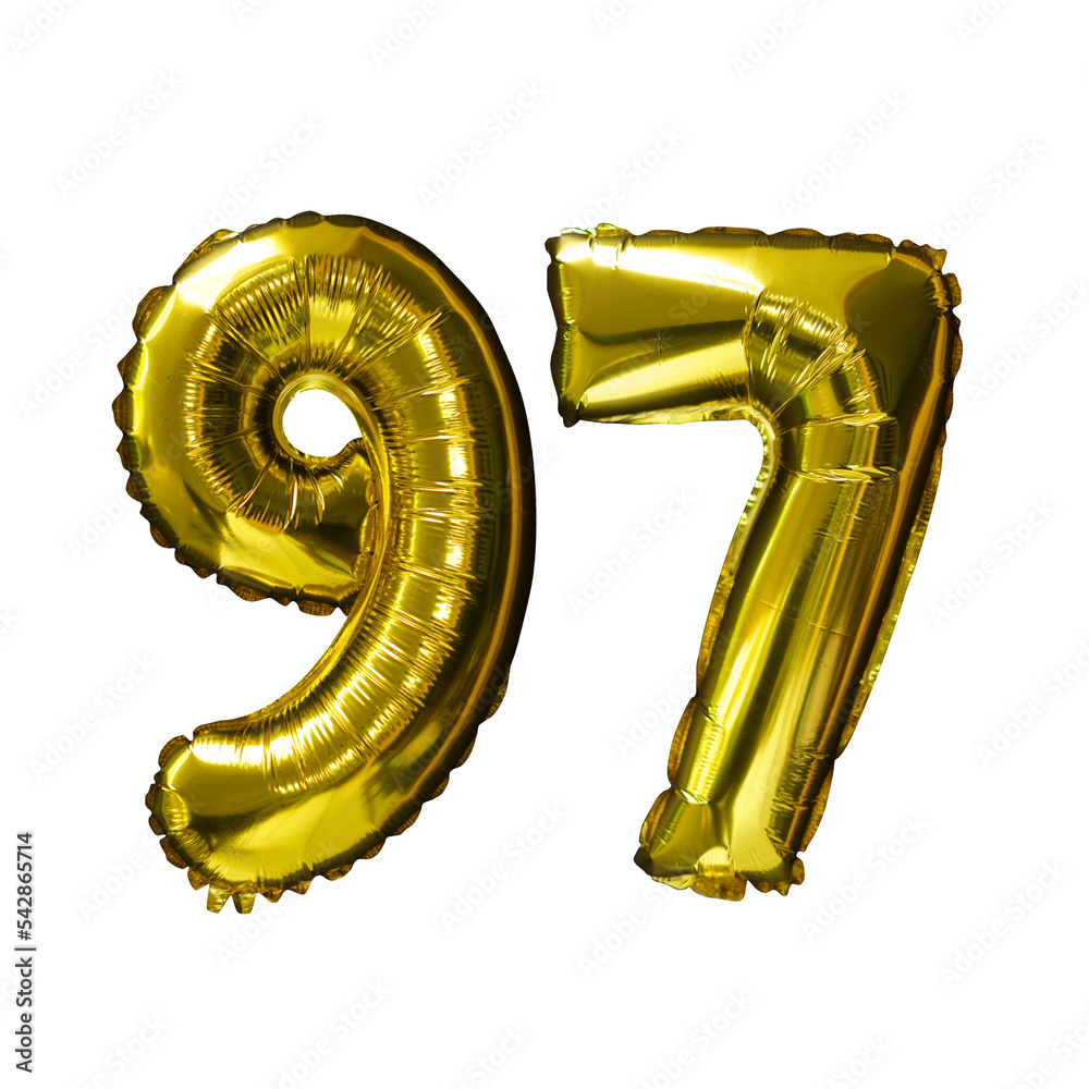 97 Golden number helium balloons isolated background. Realistic foil and latex balloons. design elements for party, event, birthday, anniversary and wedding. 