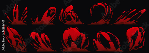 Blood splash, vfx game video effect. Cartoon 2d red liquid drops, flow and swirls design elements, dynamic animation motion, paints explosion, burst, boom, spatter blast, drip or ripple, Vector set
