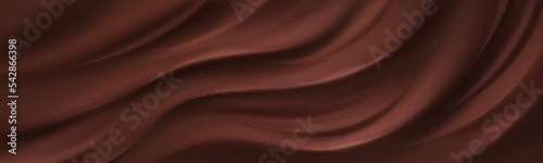 Chocolate texture background, mousse waves and swirls abstract wavy pattern. Satin choco brown waves, dark cream, smooth soft flow ripples, horizontal backdrop, Realistic 3d vector illustration