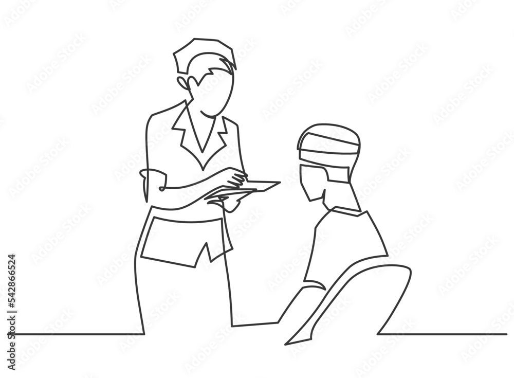 Female doctor or resident provides emergency medical care to the patient continuous one line vector illustration. Treatment aid emergency