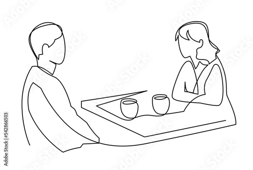 A man and a woman are talking at a table in a cafe. Interview over a cup of tea continuous one line vector illustration.