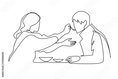 Happy couple romantic date continuous one line vector illustration. Simple hand drawn sketch. The girl feeds the guy dessert with a spoon.