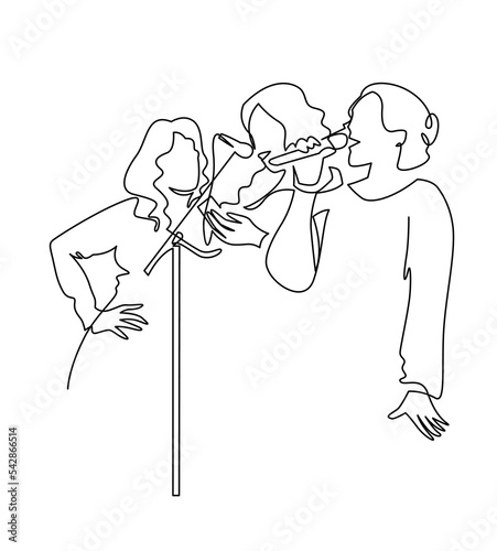 People singing karaoke continuous one line drawing. Three women with microphones sing a trio in a vocal course. Amateur song contest, competition. Entertainment, party evening.