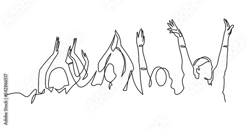 Cheerful crowd cheering illustration. Hands up. Group of applause people continuous one line vector drawing. Hands of audience silhouette hand drawn. Women and men standing at concert