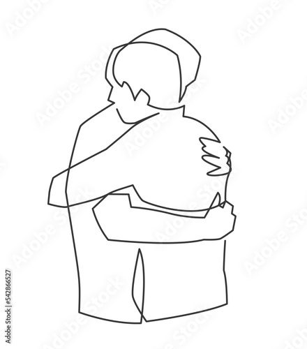 Continuous one line drawing of two close friends meeting hugging each other. The concept of friendship, emotional support, comfort someone, father and son.