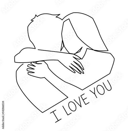 Continuous one line drawing of romantic embrace of two lovers, newlyweds, young people. Loving couple hugging. The concept of friendship, emotional support, comfort someone. I love you