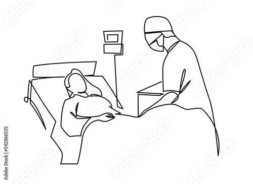 Male surgeon doing operation single continuous line vector drawing. Scheduled examination by a gynecologist. Pregnant woman