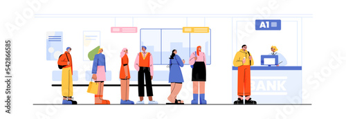 Bank queue, people stand in row front of desk with worker. Men and women waiting in line making payments and money transfer, financial banking transactions at cashier, Linear flat vector illustration