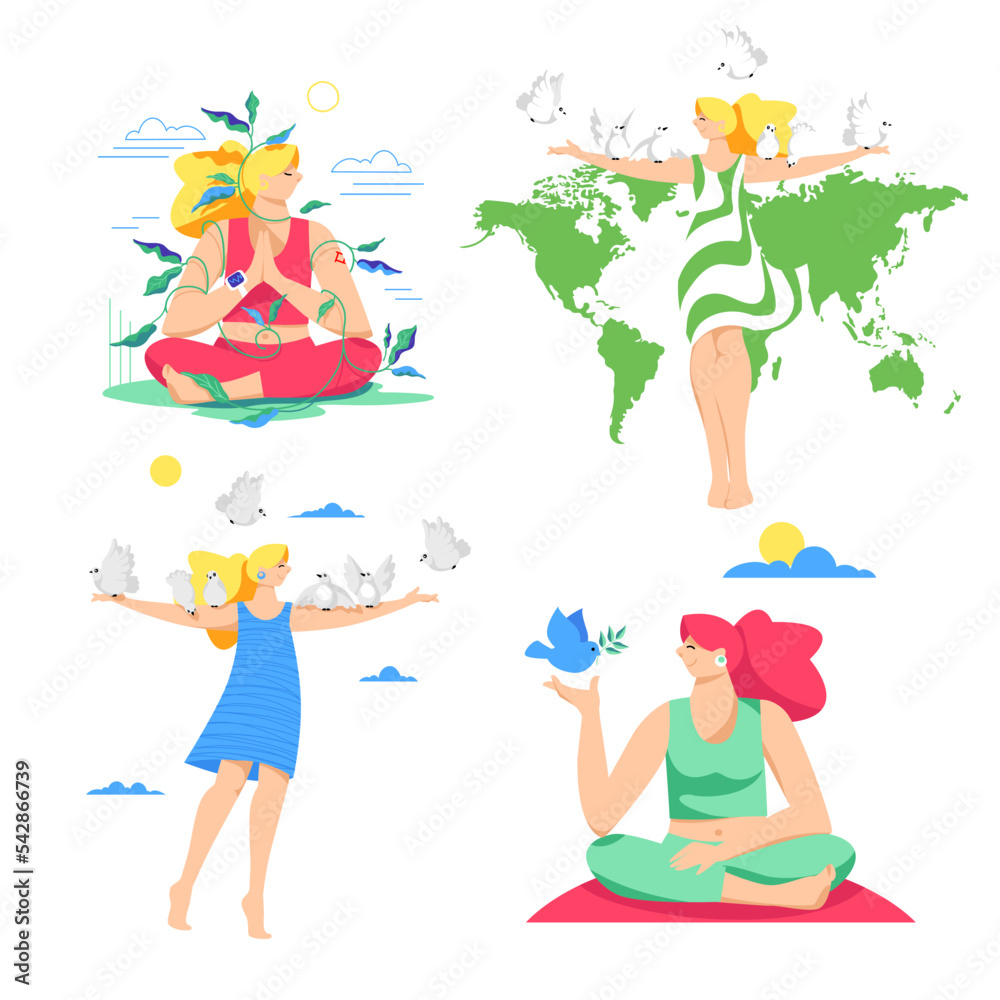 Fototapeta premium peaceful. peace. the silhouette of the world map. the girl with the birds. a set of vector isolated images
