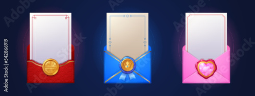 Chinese envelopes game props icons, cartoon asian pockets with royal crown, heart, golden coin seal stamps and blank paper cards. China letters, greetings for CNY or winner award, Vector illustration