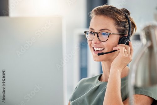 Happy call center woman consulting customer for customer support, help or telemarketing sales. Sales advisor, CRM girl with smile for success customer service, contact us hotline or insurance deal photo