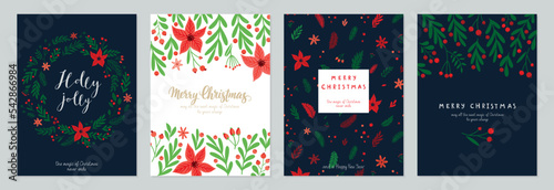 Christmas card set - hand drawn floral flyers. Lettering with christmas decorative elements./