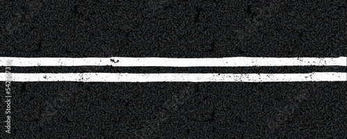 White double line on tarmac road top view. Highway traffic mark vector illustration. Background with old paint texture on asphalt surface. Roadway seamless pattern. Straight urban driveway