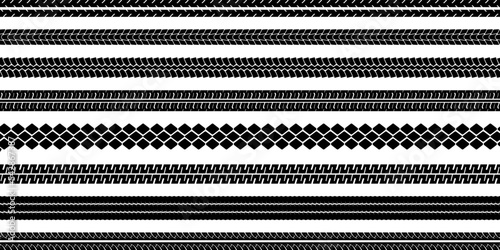 Set of black motorcycle tire tread print isolated on white background. Footprint of bike or car wheels with seamless texture. Top view of rubber protector marks on asphalt. Vector brush