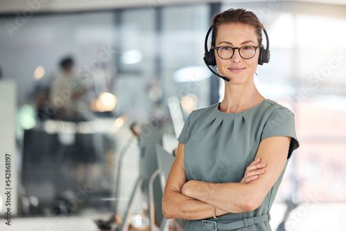 Crm, portrait and contact us for our telemarketing call center customer services consultants to help with advice. Communication, sales and woman networking for a telecom company or advertising agency photo