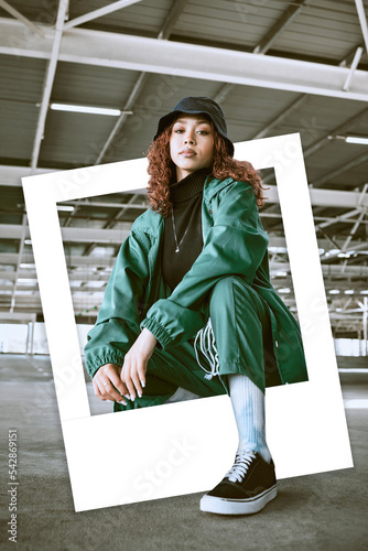 Quadro su tela Photo frame, fashion model and woman in street or city with edgy pose