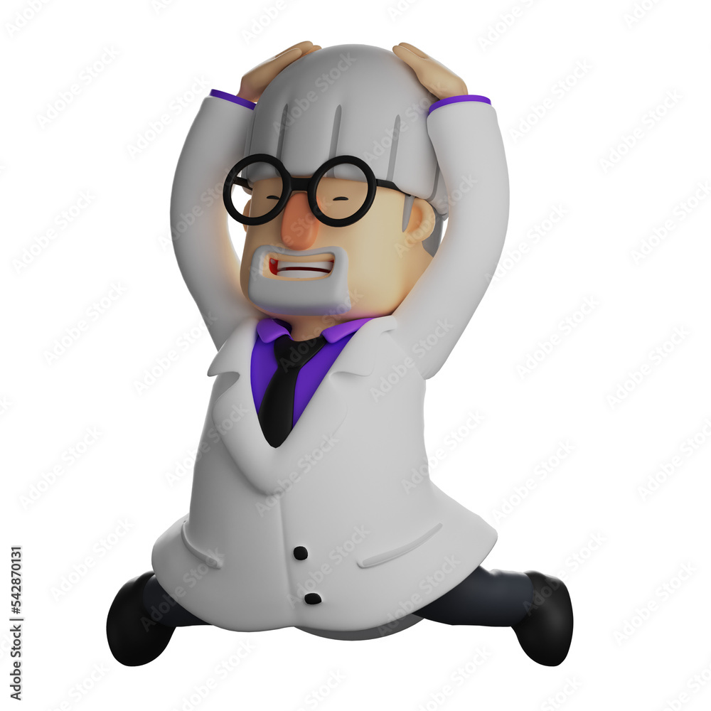  3D  illustration. cartoon character Rapture Figure Professor 3D dizzy. in a strange pose. showing an angry expression. 3D Cartoon Character