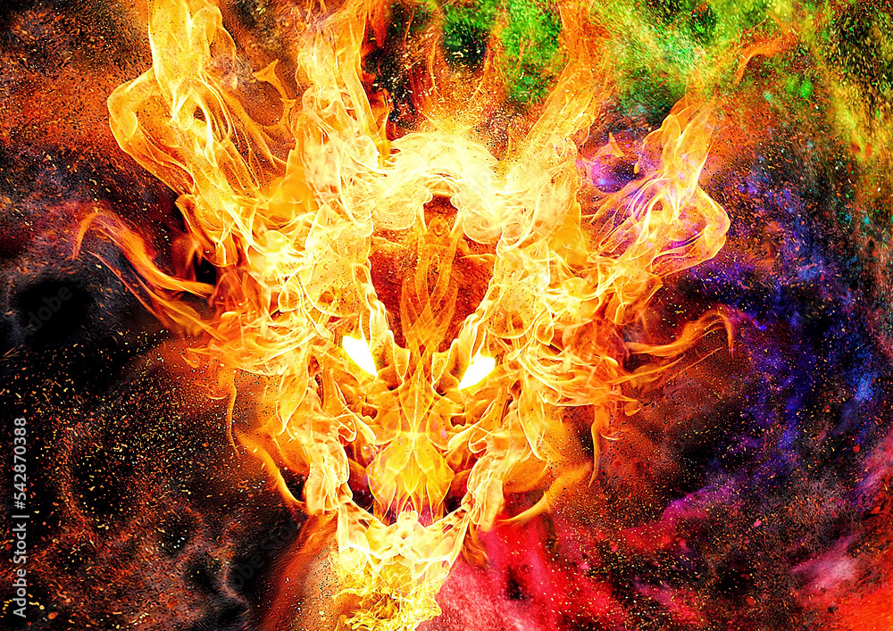 3d illustration of a colorful fire dragon swirling in the dark