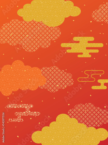 赤と金の和柄の雲の背景素材