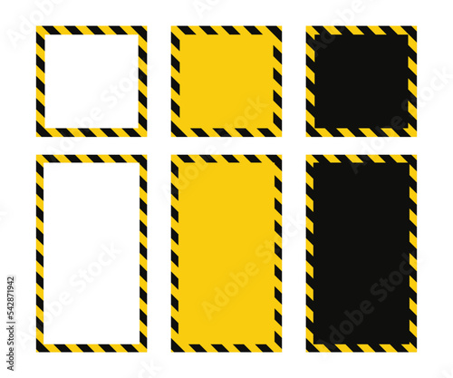 Warning square frame with yellow and black diagonal stripes. Rectangle warn frame. Yellow and black caution tape border. Vector illustration on white background.
