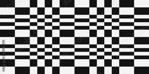 Checkerboard pattern print with rectangles in black and white. Print, seamless design, interior and surface decoration.