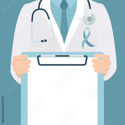 Close-up of a male doctor in lab coat in his office holding a clipboard. Nonember is Prostate Cancer Awareness Month.  Prostate Cancer Ribbon Background. Vector illustration