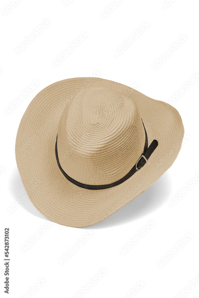 Close-up shot of a men's cowboy straw hat decorated with a leather strap with a metal buckle. The beige cowboy straw hat is isolated on a white background. Top view.