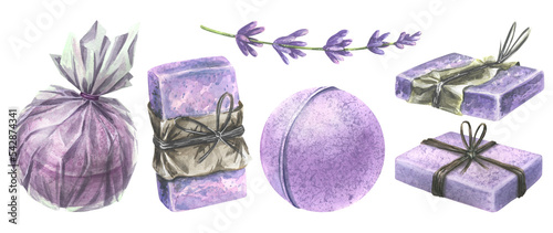 Handmade soap and bath bombs. Watercolor illustration. Mini set from the LAVENDER SPA collection. For decoration and design, compositions, price tags, menu, spa salon, cosmetics, logo