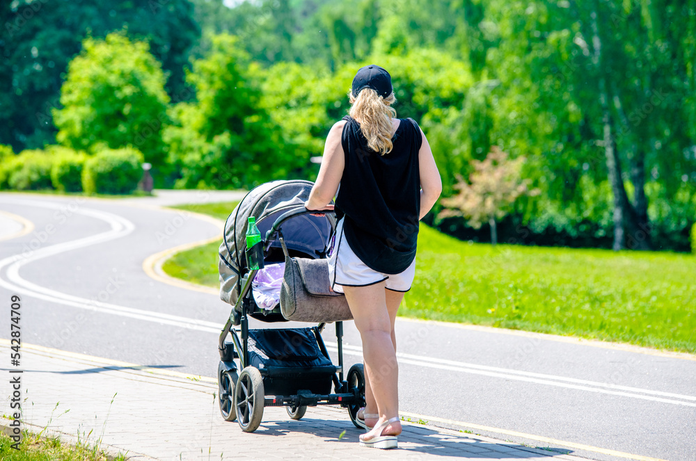 Fototapeta premium Mother wheeling a pram in the Park 