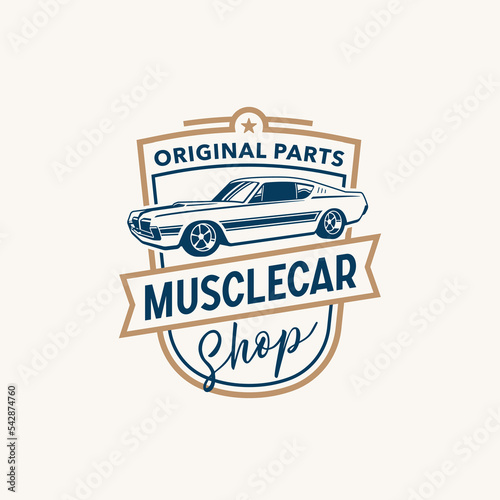 American Muscle logo template. Vintage style vector illustration element for retro design label. Suitable for garage, tires, car wash, restoration, repair and racing. Original Parts Musclecar shop.