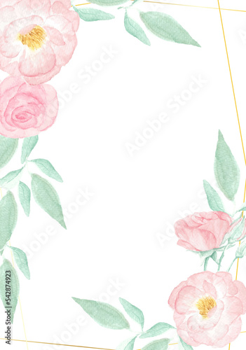 watercolor pink wild rose with golden frame wedding or birthday invitation card