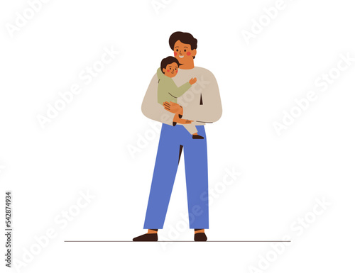Young man holds his child on hands with love and care. Happy father with his baby son embrace together. Family and parenthood concept. Vector illustration