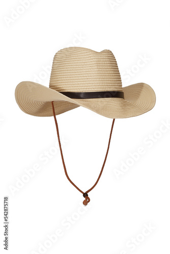 Close-up shot of a women's cowboy straw hat decorated with la eather strap with a metal buckle. The beige cowboy straw hat with a woven chin strap is isolated on a white background. Front view.