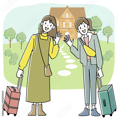 観光地を旅する2人の若い女性
