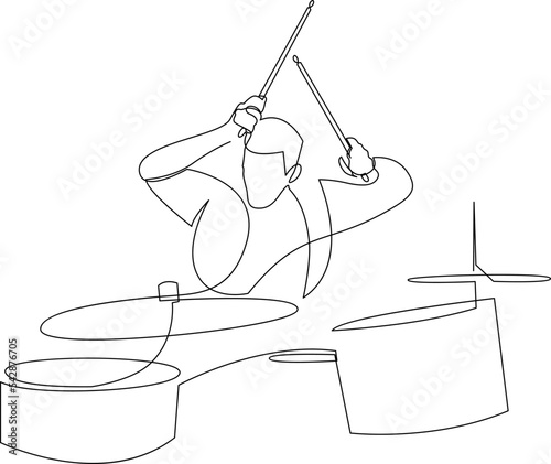 Continuous line drawing of a man playing drum raising drumsticks up. A drummer person one line art. Vector illustration.