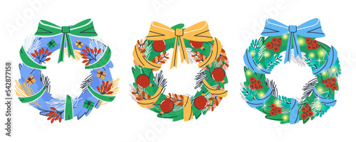 Three wreaths of coniferous branches are decorated with ribbons, berries, and balls. Wreath of blue spruce. Set of three. Festive decoration for congratulations. Flat vector illustration, eps10