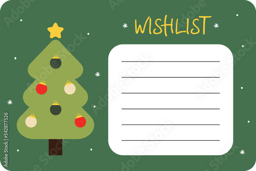 Christmas wishlist design for kids, children with copy space and illustration of decorated christmas tree with ornaments. Winter holidays card template design. 
