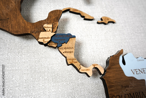 Central America, Nicaragua, Costarica, Panama, Honduras, Salvador, Guatemala, Belize on a wooden world map. photo