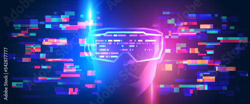 Inside the metaverse. Silhouette of a human face in augmented or virtual reality headset. Abstract digital world with glitch effect. Vector illustration