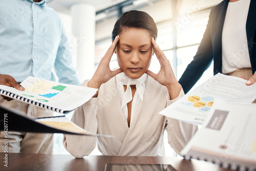 Stress headache, burnout and woman overwhelmed with workload with poor time management. Frustrated, overworked and tired lady with tablet at startup office, anxiety from deadline time pressure crisis