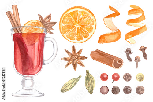 Set of mulled wine glasses with herbs and spices isolated on white background. Hand drawn watercolor illustration.