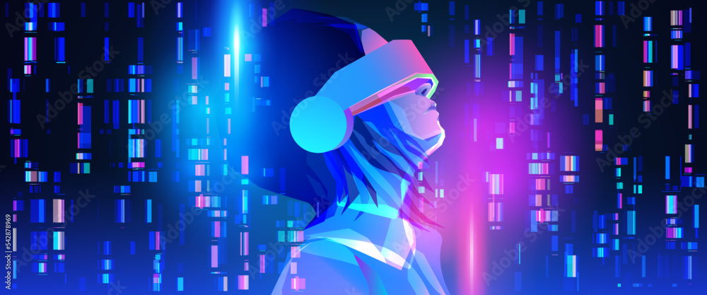 Woman wearing virtual or augmented reality glasses. Abstract vr ...